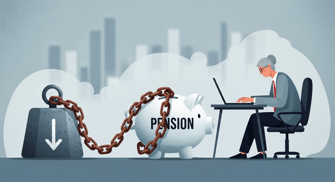 열심히 일하지만 연금 감액으로 인해 짐을 지고 있는 듯한 노인의 모습