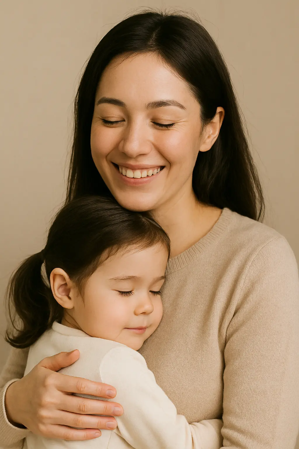 아이를 안고 눈을 감은 채 따뜻하게 웃고 있는 엄마의 텍스트 없는 인물 이미지