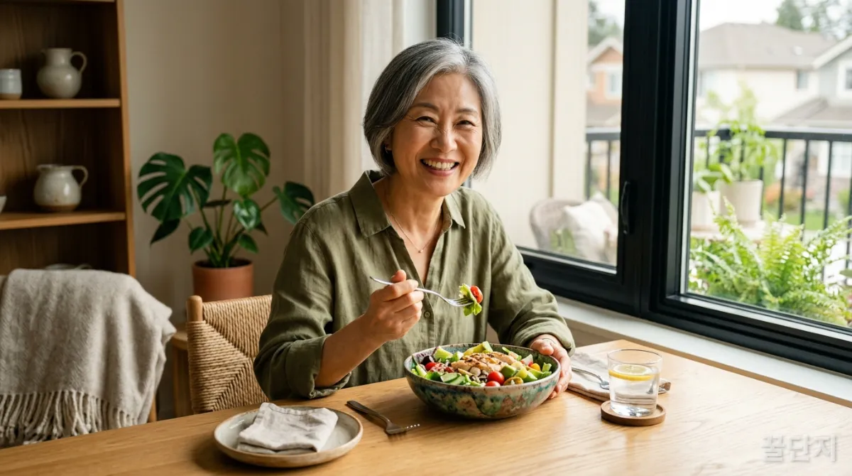 50대 이후 건강한 식단을 즐기며 활기찬 생활을 하는 한국인 여성