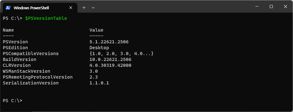 PowerShell에서 $PSVersionTable 명령으로 PowerShell 버전 확인