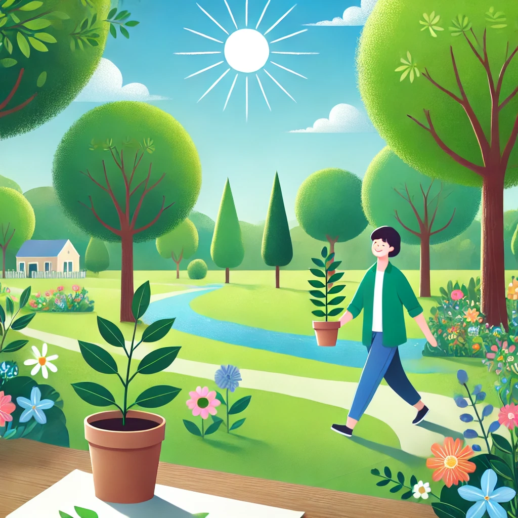 햇살 아래 공원을 산책하며 행복한 미소를 짓는 모습