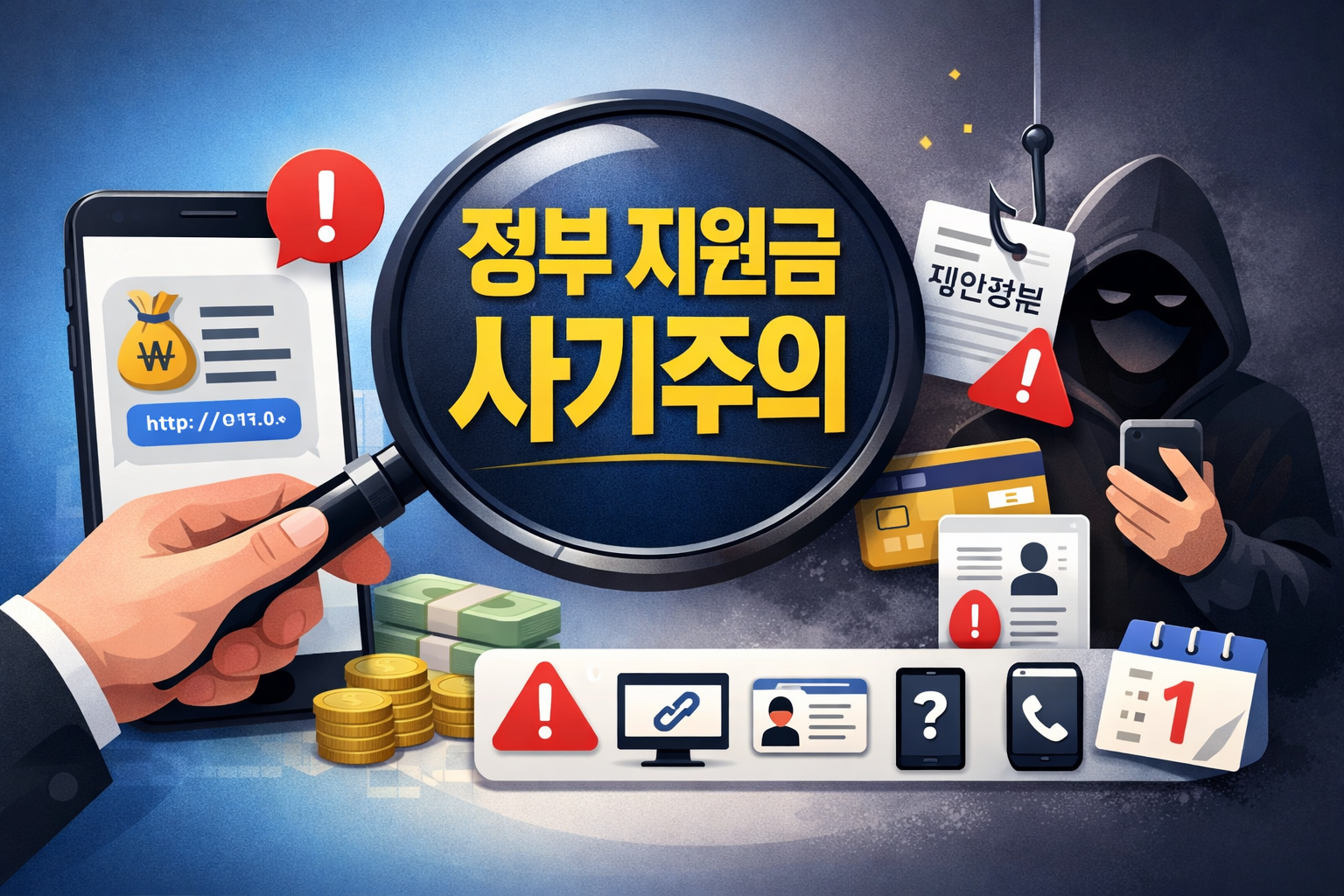 정부 지원금 사기 문자를 경고하는 대표 이미지, 스마트폰 메시지와 주의 아이콘을 통해 금융 사기 위험을 시각적으로 표현한 일러스트
