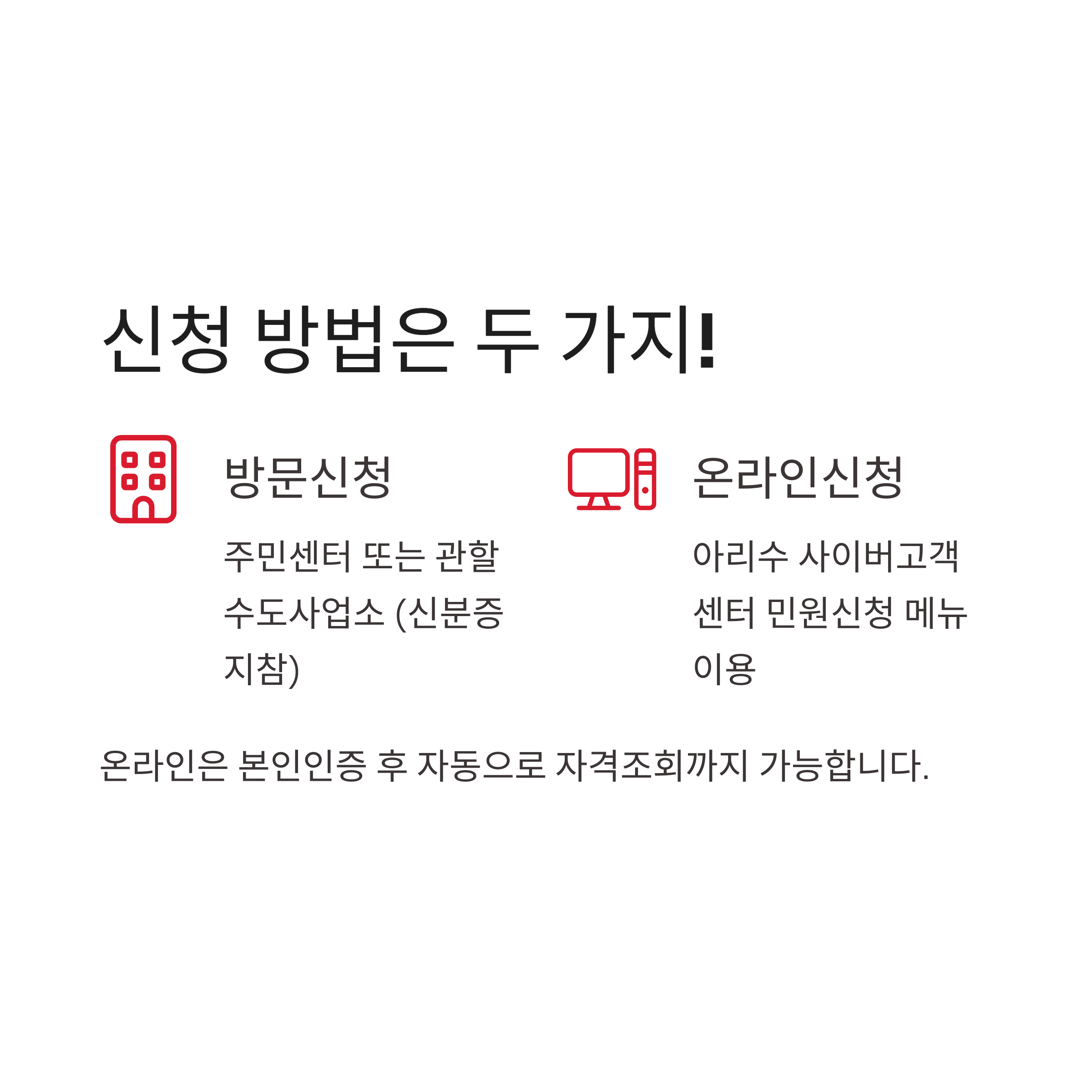 수도요금 감면 신청 방법 안내 이미지 – 방문 신청과 온라인 신청 두 가지 방법 설명