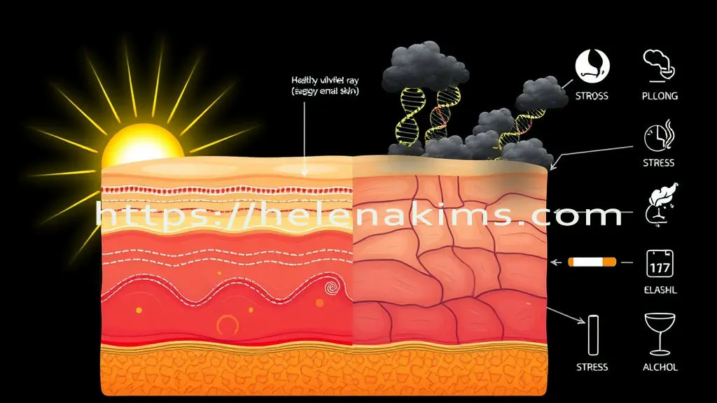 피부 노화 원인 일러스트, 노화된 피부로 변하는 단면을 보여주는 일러스트.