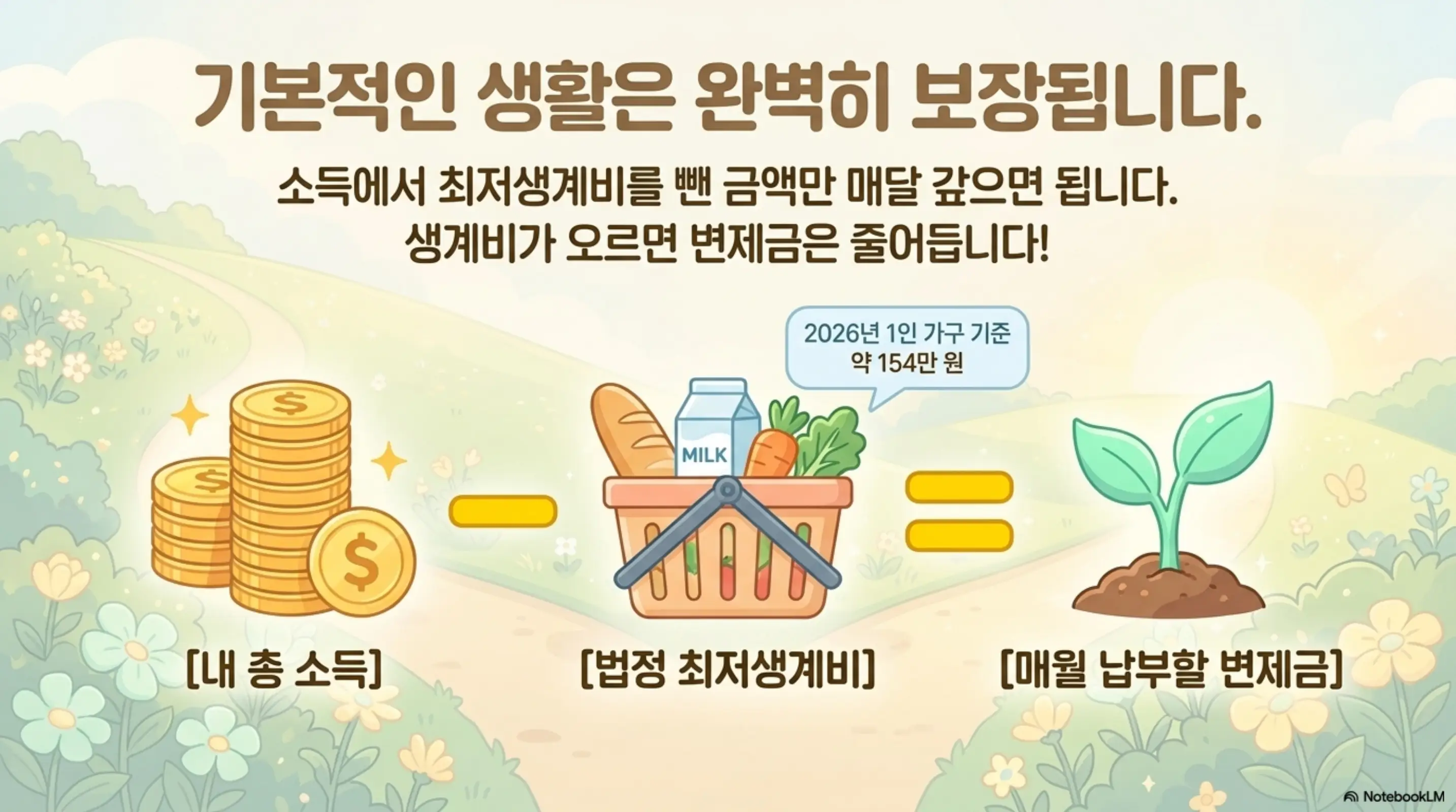 개인회생 vs 개인파산: 기본적인 생활은 완벽히 보장됩니다. 내 총 소득에서 법정 최저생계비(2026년 1인 가구 약 154만 원)를 뺀 금액만 매월 변제금으로 납부하는 개인회생 변제금 계산 구조를 시각화한 인포그래픽 이미지 