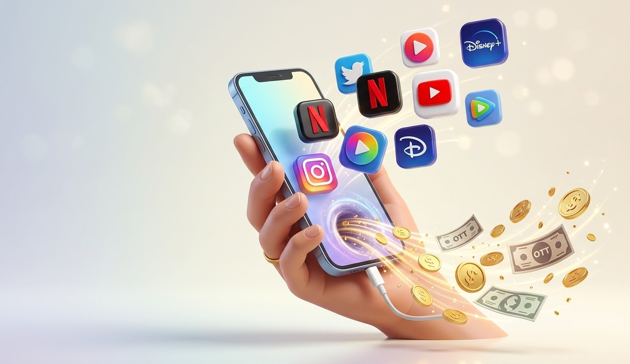 스마트폰 화면 위로 쏟아지는 OTT 구독 서비스들과 가계 부담을 상징하는 시각화