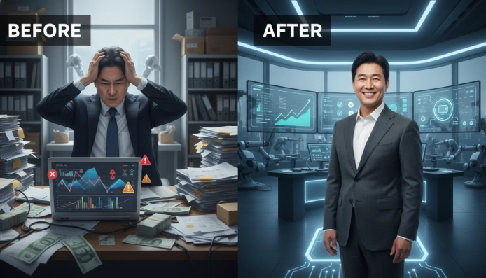스마트공장 지원금 정산에 대한 준비 부족과 철저한 준비의 결과를 대비하는 한국인 CEO의 모습. 왼쪽은 서류 더미와 혼란스러운 상황, 오른쪽은 깔끔한 디지털 대시보드로 효율적인 관리 환경을 보여줍니다.