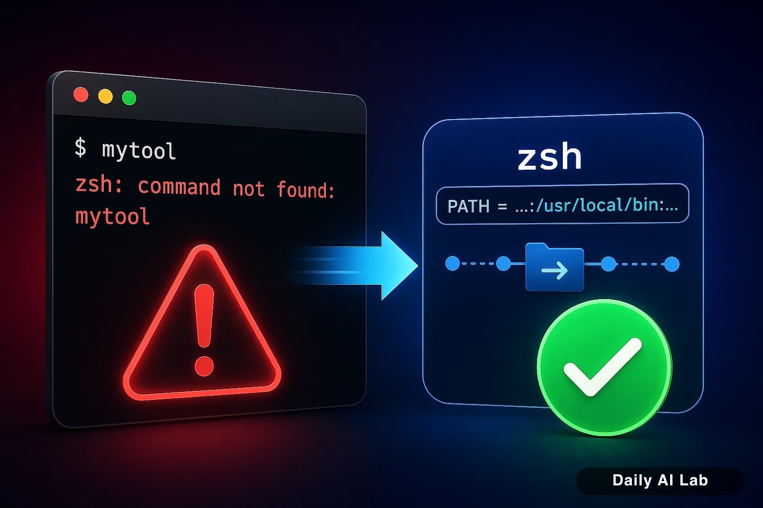 맥북 zsh command not found 해결법, PATH 5분 정리의 핵심 개념을 단순한 테크 일러스트로 표현한 대표 이미지