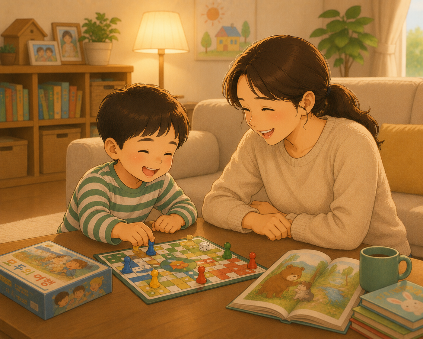 부모와 아이가 스마트폰 대신 함께 보드게임이나 책을 읽으며 웃고 있는 따뜻한 가족