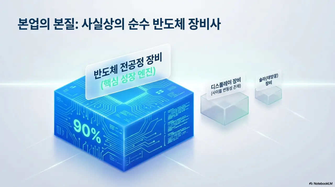 원익IPS의 사업 구조를 나타낸 이미지. 매출의 약 90%가 반도체 전공정 장비에서 발생해 사실상 순수 반도체 장비사이며 디스플레이&middot;솔라 장비는 보조 부문임을 시각적으로 전달함. 블로그의 원익IPS 본업과 사업 구조 분석과 관련된 내용을 설명함 