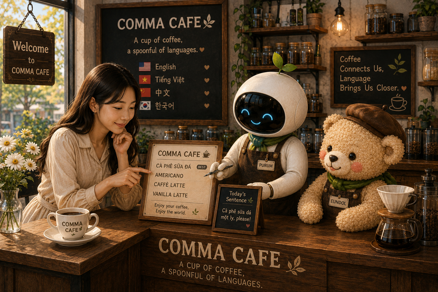 COMMA CAFE에서 푸름이 메뉴판을 설명하고, 쉼표가 까페쓰아를 주문하며 은돌이가 함께하는 따뜻한 언어 카페 풍경