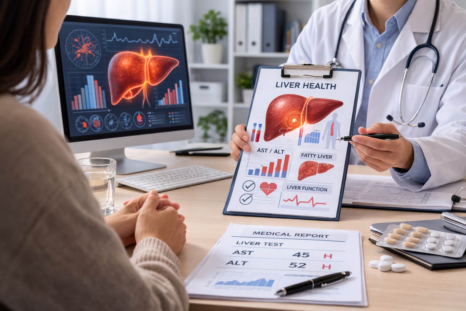 병원에서 의사가 환자에게 건강검진 결과와 간 건강 상태를 설명하고 있는 모습