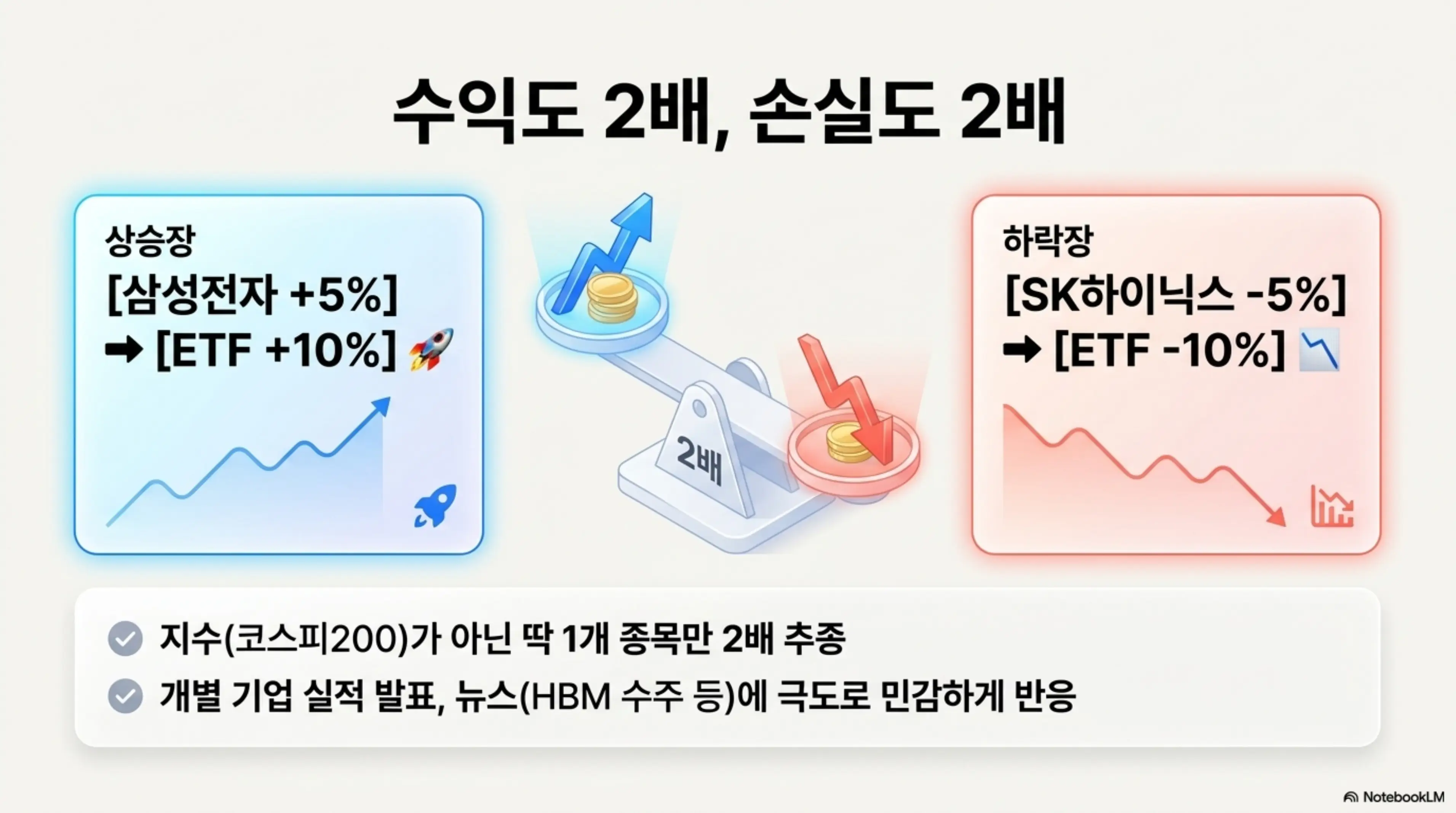 삼전닉스 2배 레버리지 ETF의 수익 구조를 상승장과 하락장으로 나누어 설명하는 인포그래픽. 삼성전자 5% 상승 시 ETF 10% 상승하고 SK하이닉스 5% 하락 시 ETF 10% 하락하는 2배 추종 원리와 단일종목 집중 투자의 특성을 시각적으로 보여주는 이미지
