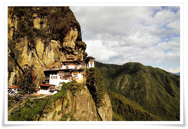 높은 산(히말리야 산맥)의 절벽위에 아슬하고 위태한 위치에 불교 사원이 있습니다. 흰색벽과 금색 지붕은 절벽의 검푸른 숲과 대비를 이루어 사원의 강력한 존재감과 신비로움을 더 해주는 사진입니다