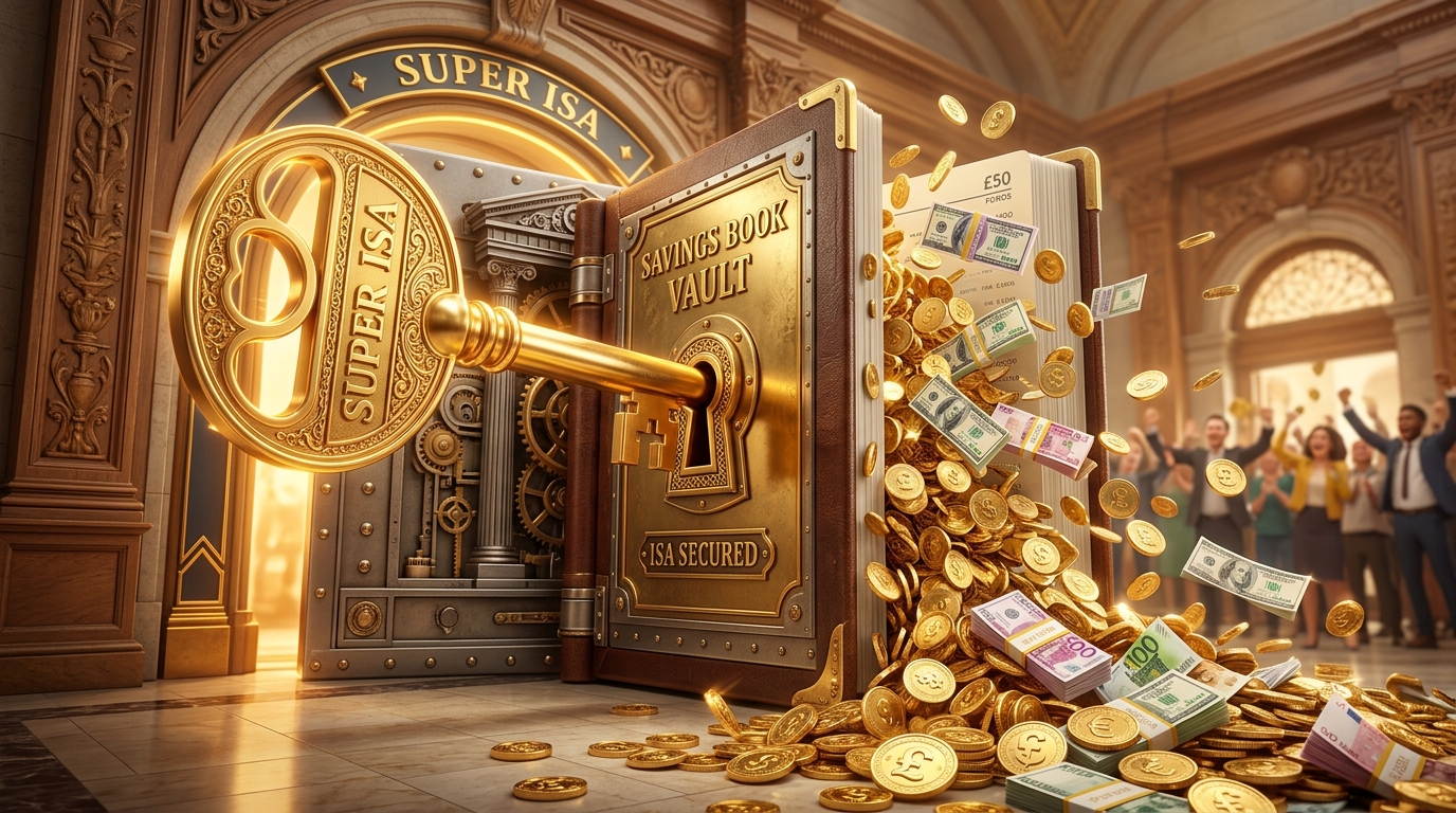 '슈퍼 ISA'라고 적힌 거대한 황금 열쇠가 굳게 닫힌 예적금 통장을 열고, 그 안에서 5배 많은 돈이 쏟아져 나오는 3D 일러스트