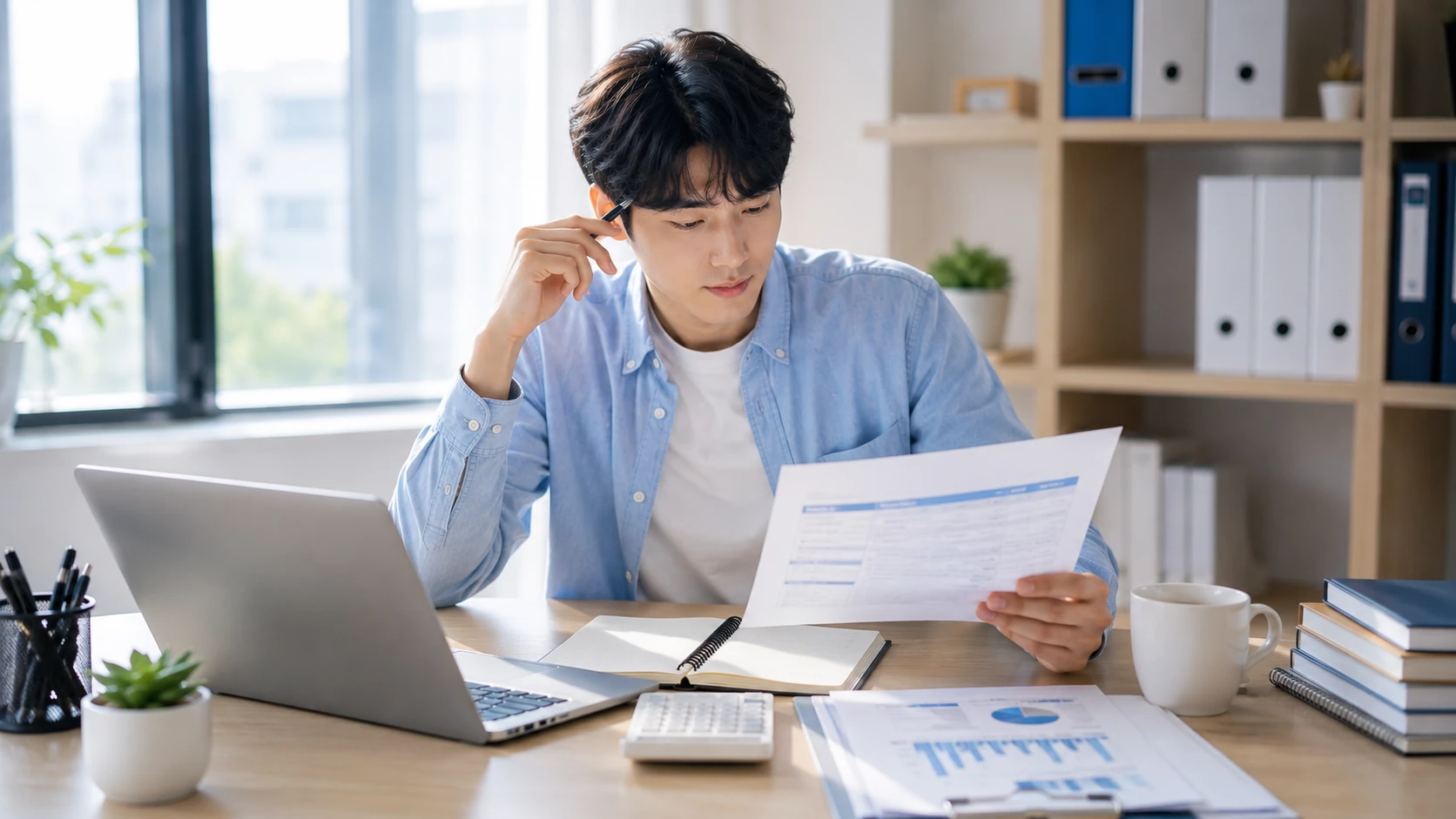 참여수당 안내 서류를 확인하는 청년
