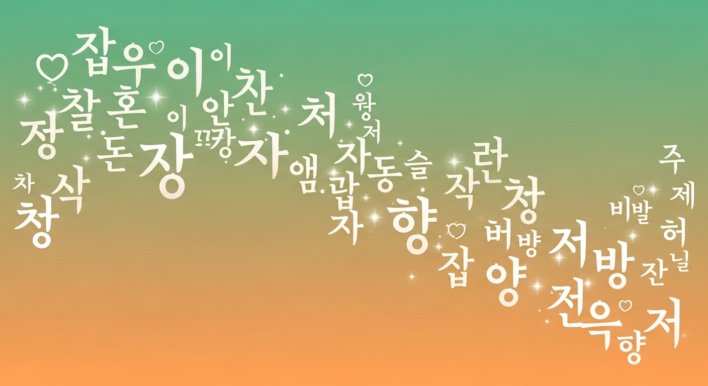 다양한 한글 이름 글자들이 부드럽게 떠다니며 여자 아기 이름 트렌드를 상징하는 서정적인 일러스트.