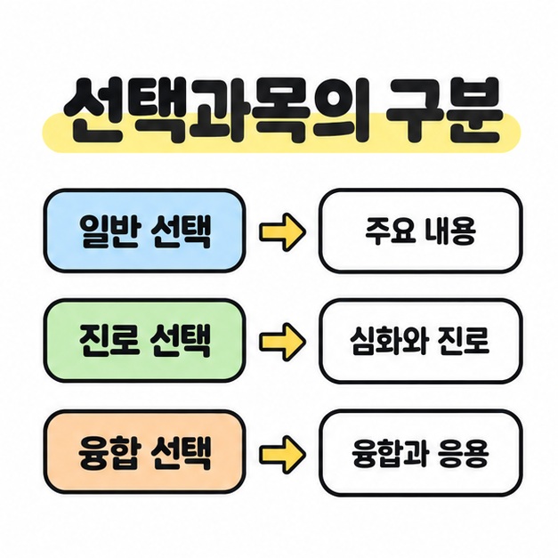 일반 선택은 주요 내용, 진로 선택은 심화와 진로, 융합 선택은 융합과 응용으로 세 줄 화살표를 연결한 이미지