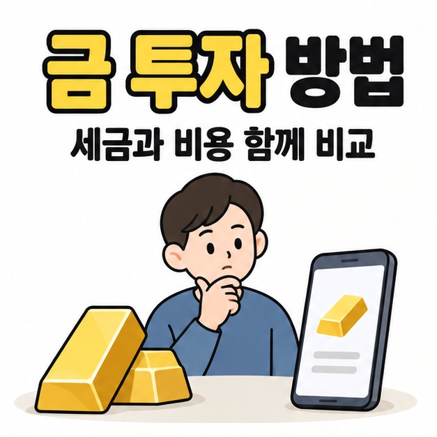 금 투자 방법과 세금과 비용 함께 비교라는 문구 아래 골드바와 스마트폰을 살펴보는 사람