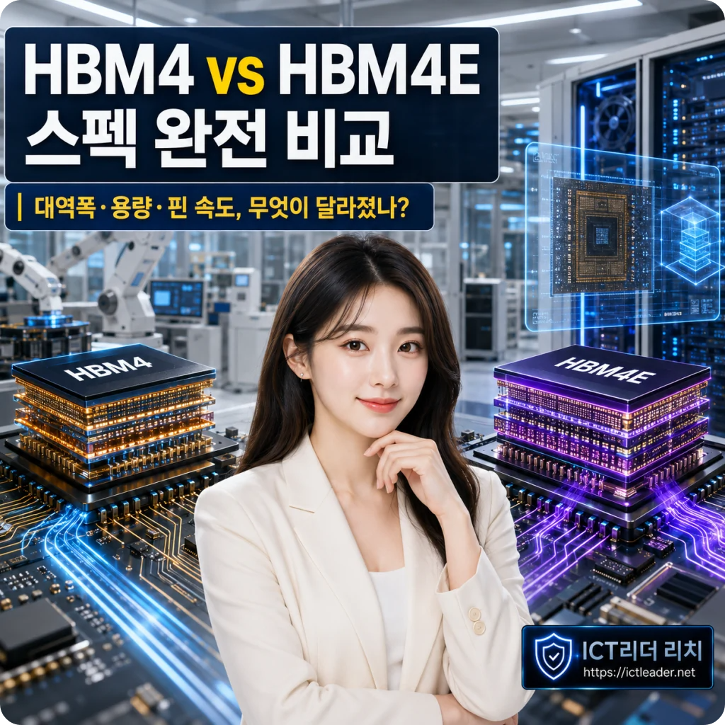 HBM4와 HBM4E 스펙 완전 비교 제목이 포함된 여성 반도체 전문가 썸네일