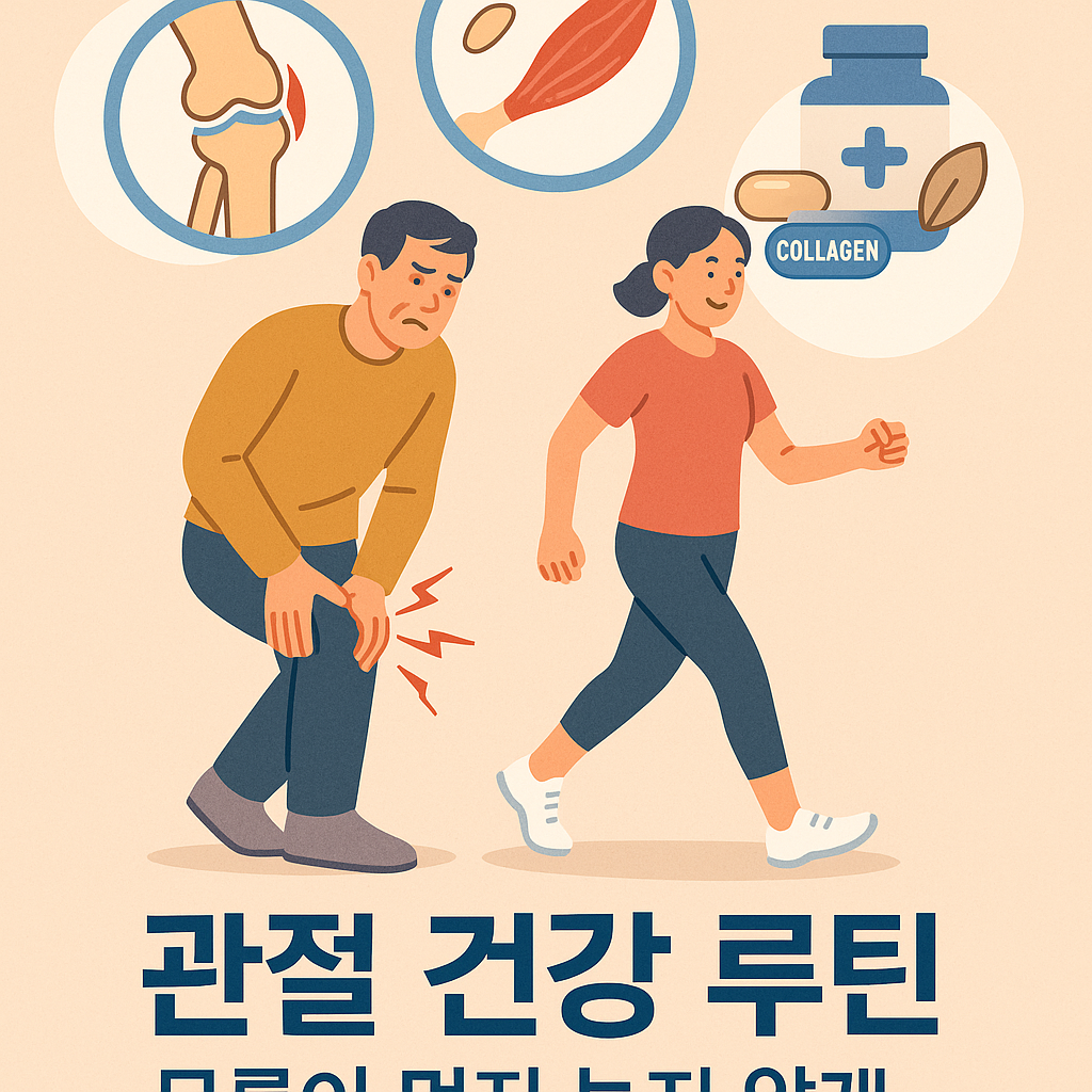 중년 남성과 여성이 무릎 관절을 보호하기 위해 걷기와 스트레칭을 실천하는 모습 – 무릎 보호대, 관절 구조, 걷기 루틴 아이콘이 포함된 인포그래픽 스타일 일러스트