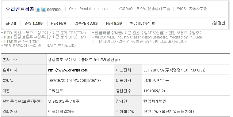 오리엔트정공 주가 기업개요 (0401)