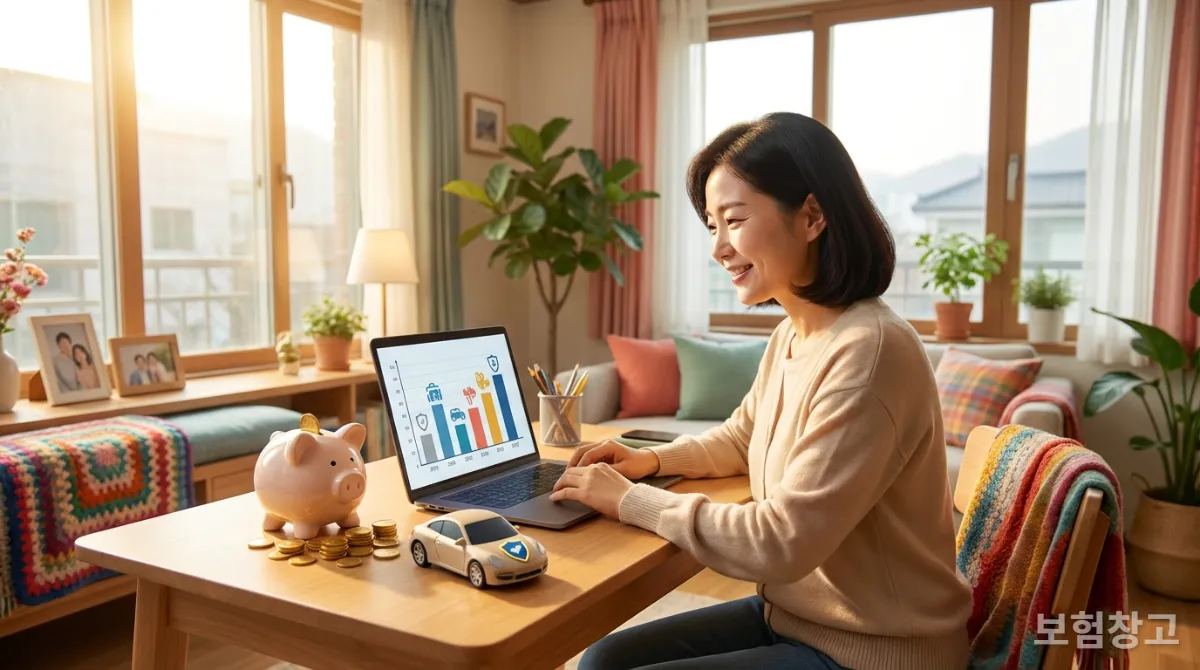 노트북으로 보험료를 비교하고, 안전 운전 뱃지가 달린 자동차, 저금통이 보이는 보험료 절약 이미지