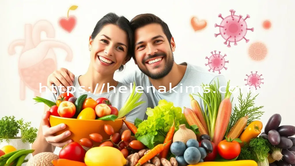 젊은 여성과 남성이 싱싱한 채소들이 놓인 곳에서 건강하게 웃고 있는 모습.