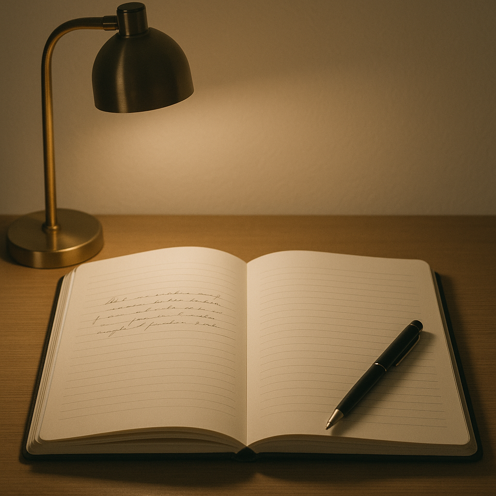따뜻한 스탠드 조명 아래 나무 책상 위에 펼쳐진 노트에 영문 필기가 살짝 보이고, 옆에 펜이 놓인 고요한 저녁의 글쓰기 공간