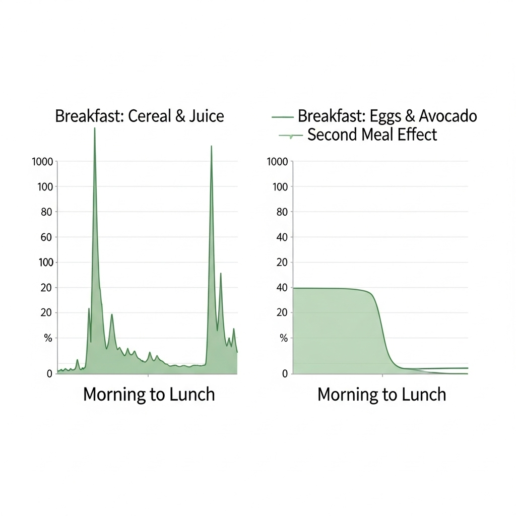 아침 식사로 시리얼을 먹은 사람과 스크램블 에그를 먹은 사람의 오전-점심 혈당 그래프를 비교하는 인포그래픽