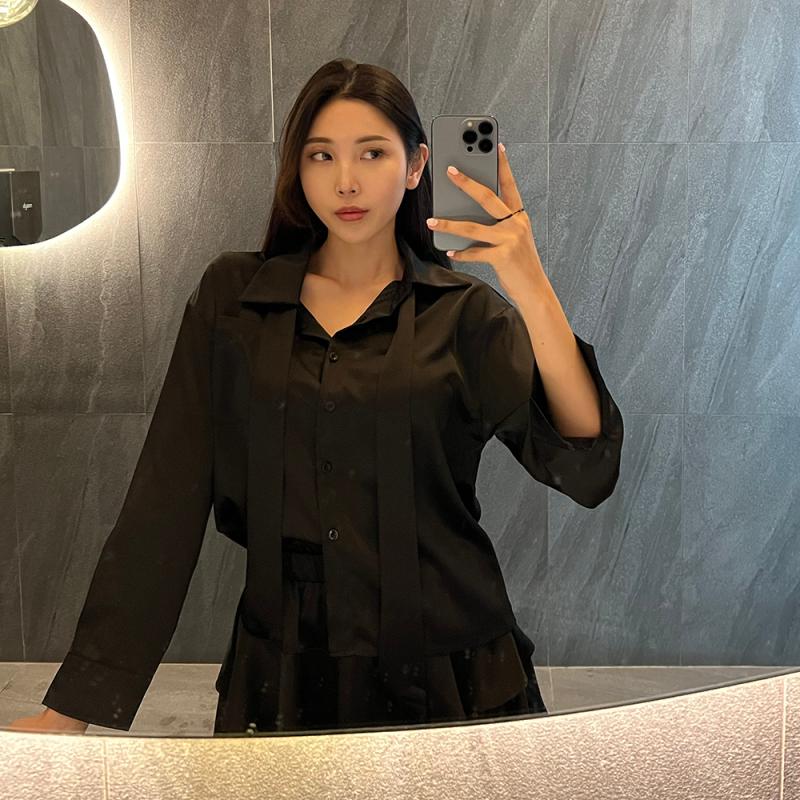 타이 셔츠 블라우스 스커트 투피스 세트 실크 레이온 봄 가을 여름 밴딩