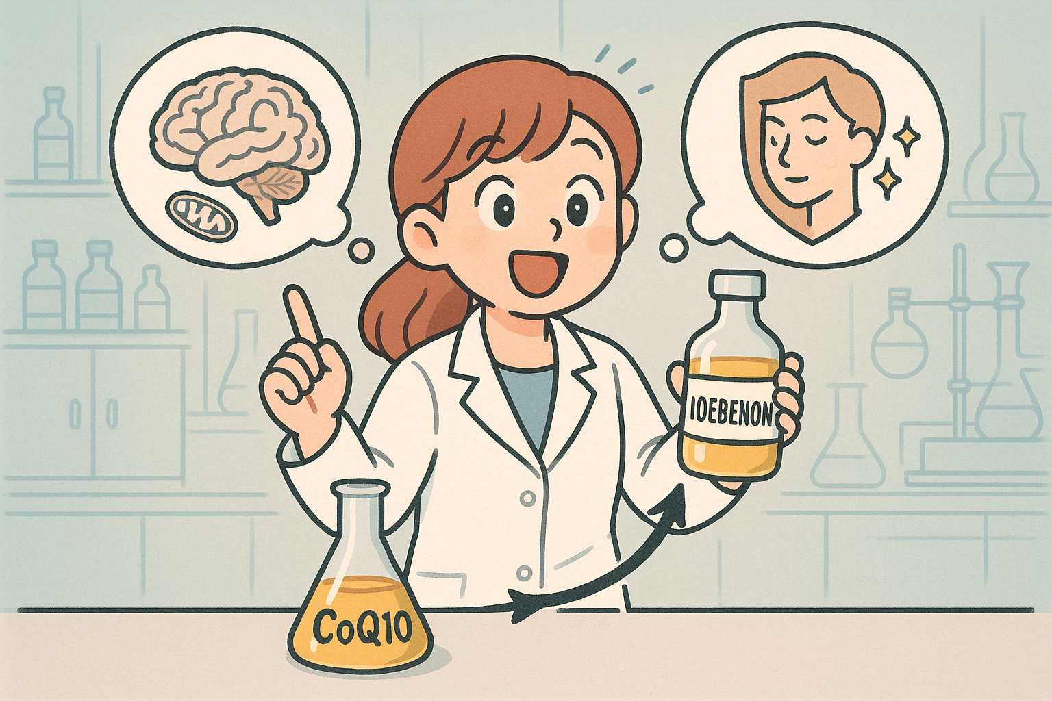 실험실에서 코큐텐(CoQ10)으로부터 이데베논(Idebenone)을 합성해낸 여성 과학자, 뇌 건강·미토콘드리아 기능·피부 항산화 효과를 떠올리는 모습의 일러스트
