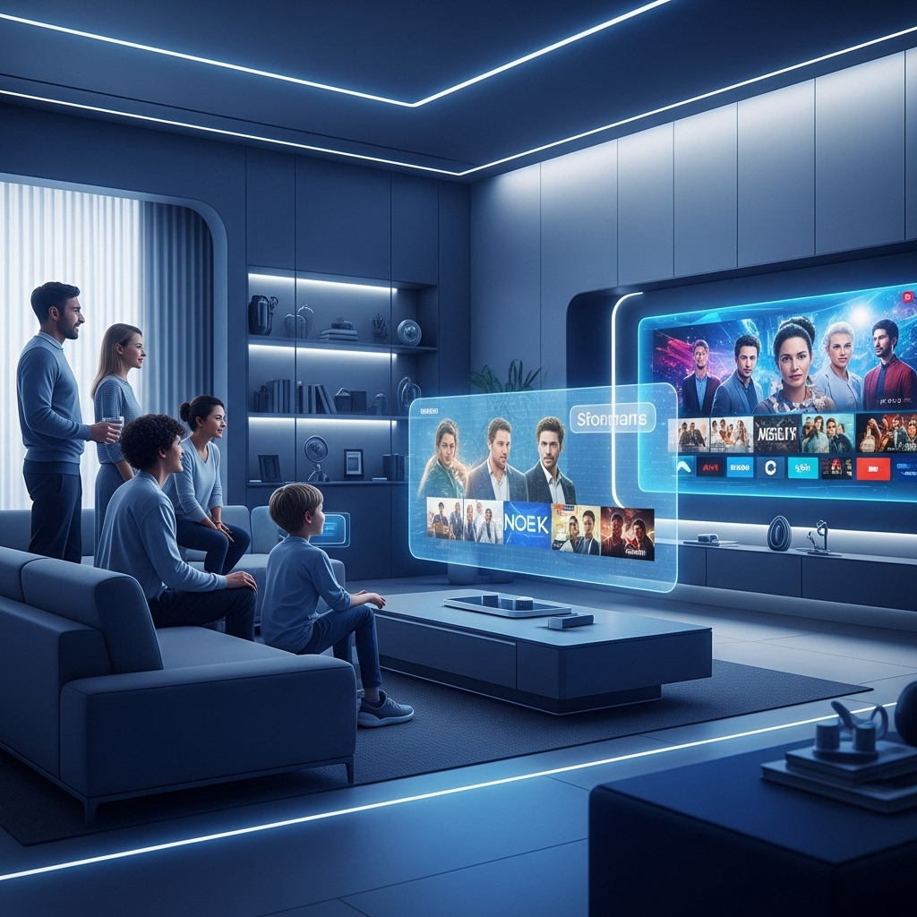 2025년의 미래형 거실에서 다양한 연령대의 사람들이 투명한 스크린으로 무료 실시간 TV를 즐겁게 시청하고 있는 모습. 현대적인 기술과 자유로운 엔터테인먼트를 상징합니다.