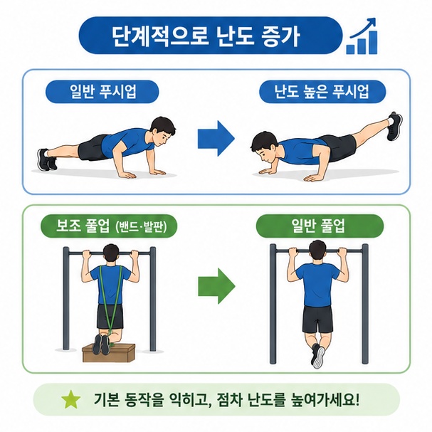 기본 맨몸운동에서 어려운 동작으로 단계적으로 난도를 높이는 칼리스데닉스 훈련 방법을 설명한 이미지