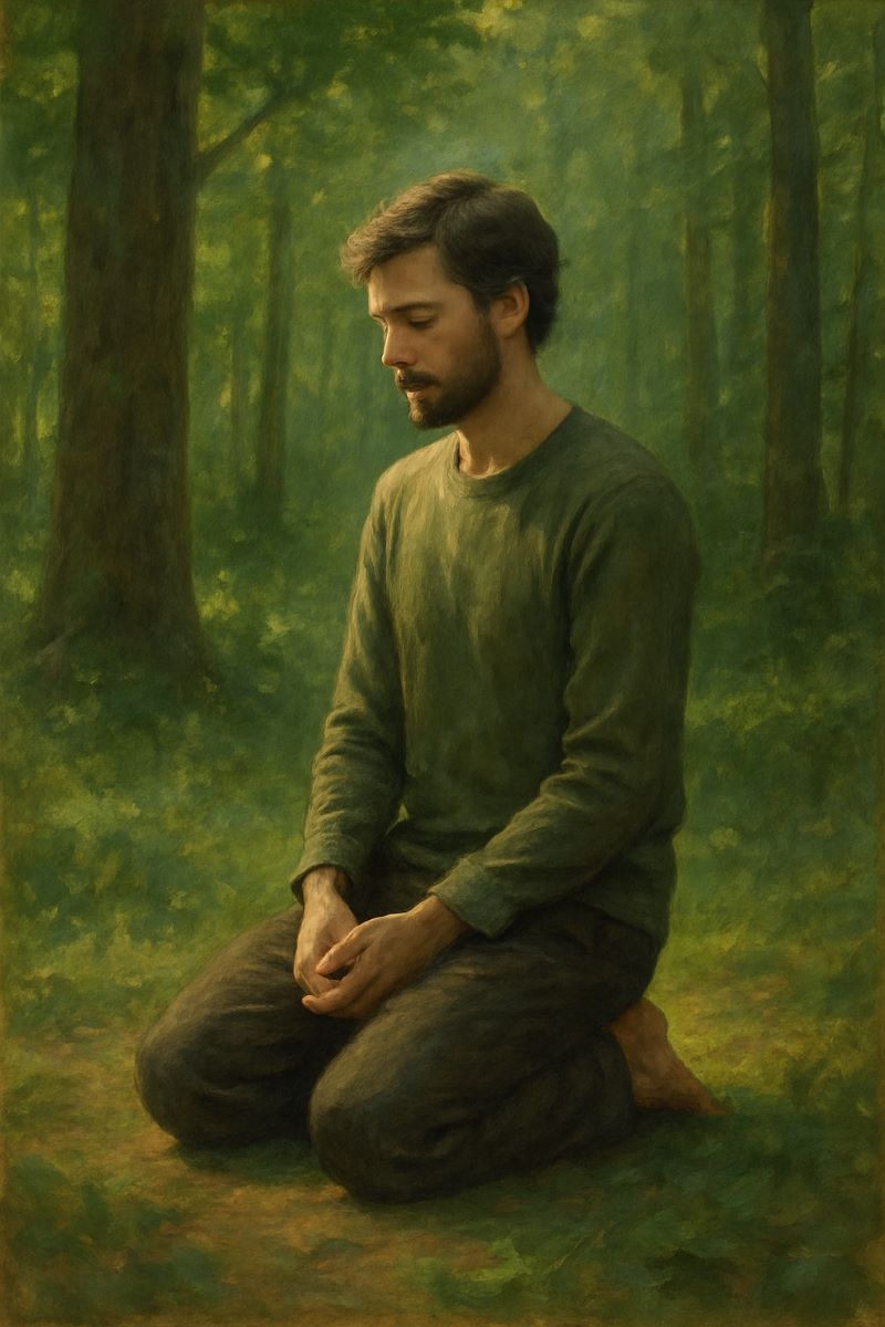 숲속에서 명상하듯 무릎을 꿇고 있는 인물