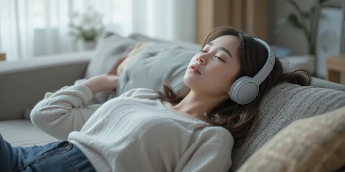 소파에 누워 명상음악 듣는 여성