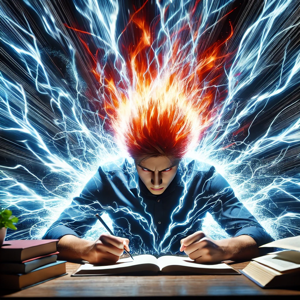 공부하는 사람에게서 열정적인 에너지가 나오는 사진.