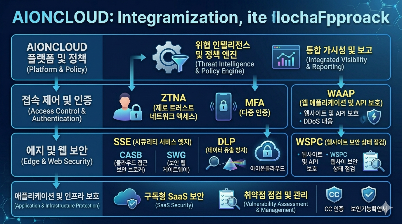 중앙에 거대한 클라우드 형태의 '아이온클라우드(AIONCLOUD)' 플랫폼이 자리 잡고 있고, 그 주위를 '사용자', '장치', '외부 클라우드', '기업 내부 시스템' 아이콘이 둘러싸고 있는 모습. 플랫폼 안에는 'ZTNA', 'SSE', 'WAAP', 'WSPC' 등 핵심 솔루션들이 톱니바퀴처럼 맞물려 작동하고 있으며, 각 솔루션 사이에는 '정책 및 위협 정보'를 주고받는 빛의 흐름이 보임. 플랫폼 입구에는 '제로 트러스트' 보호막이 강력하게 작동하고 있고, 배경에는 '지능형 관제 센터'의 데이터 화면이 펼쳐져 있어 실시간 모니터링이 이루어지고 있음을 시각화.