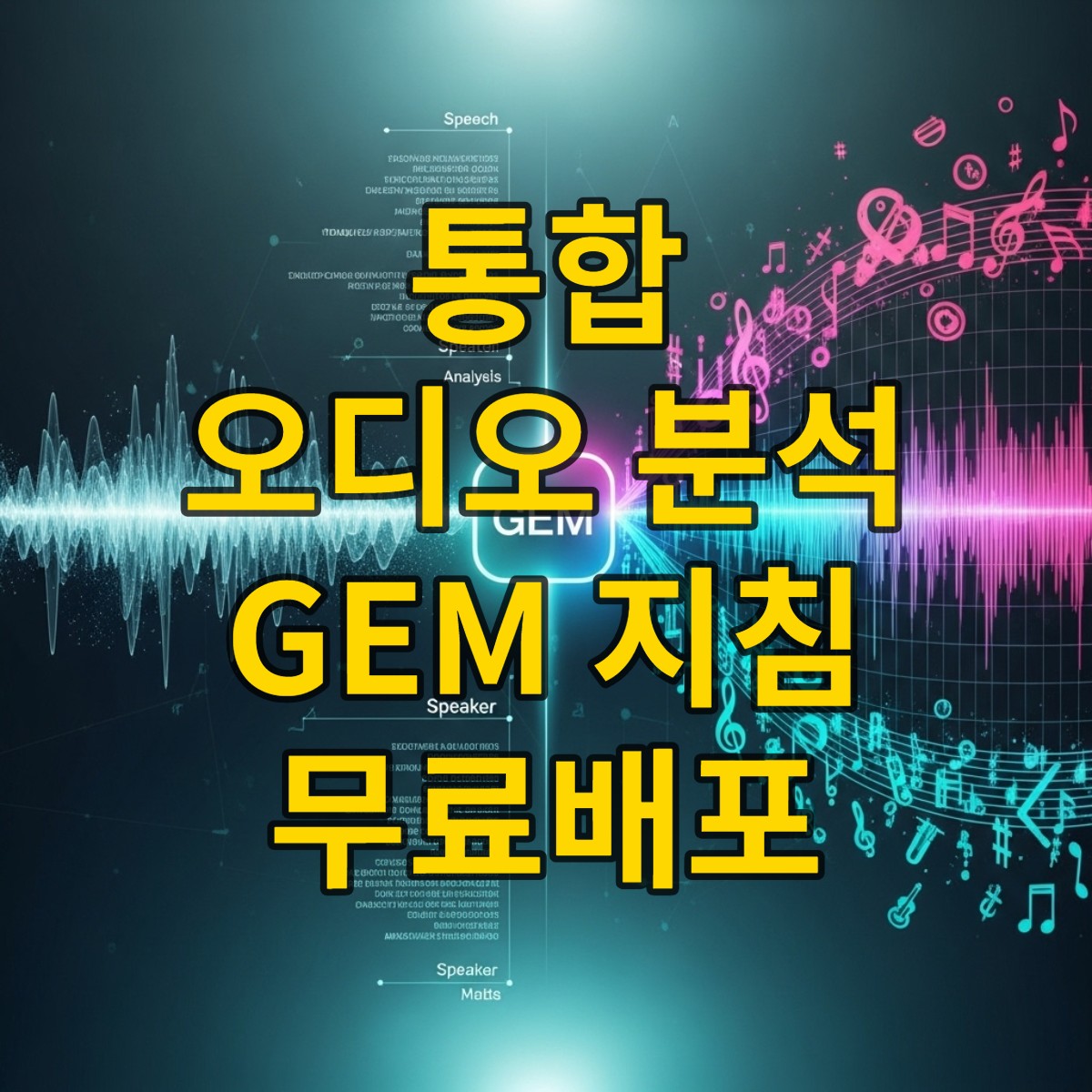 음성 파형이 텍스트로, 음악 스펙트로그램이 악기 아이콘으로 변하는 모습을 통해 AI가 오디오를 통합 분석하는 추상적인 이미지