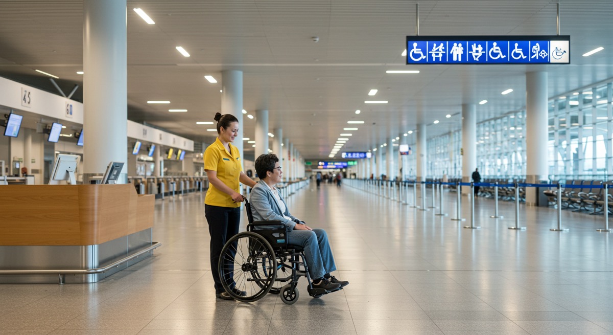 공항 직원이 휠체어 이용객의 탑승 수속을 친절하게 돕고 있는 모습