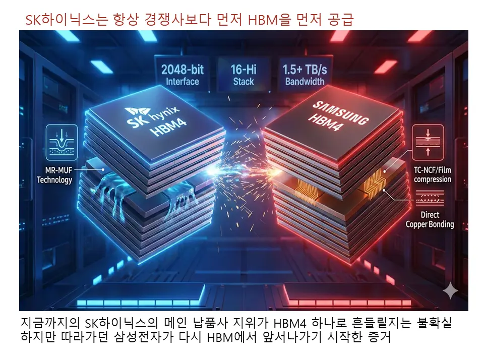 SK하이닉스는 항상 경쟁사보다 먼저 HBM의 새로운 세대를 공급해왔음
이번 삼성전자의 HBM4 선점효과가 SK하이닉스의 메인 납품사의 지위를 흔들지는 모르겟지만 추격자 입장의 삼성전자가 SK를 추월 했을 수도 있다는 가능성의 증거