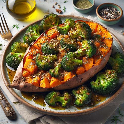 구운-고구마-구운 -브로콜리에-올리브-오일과-허브