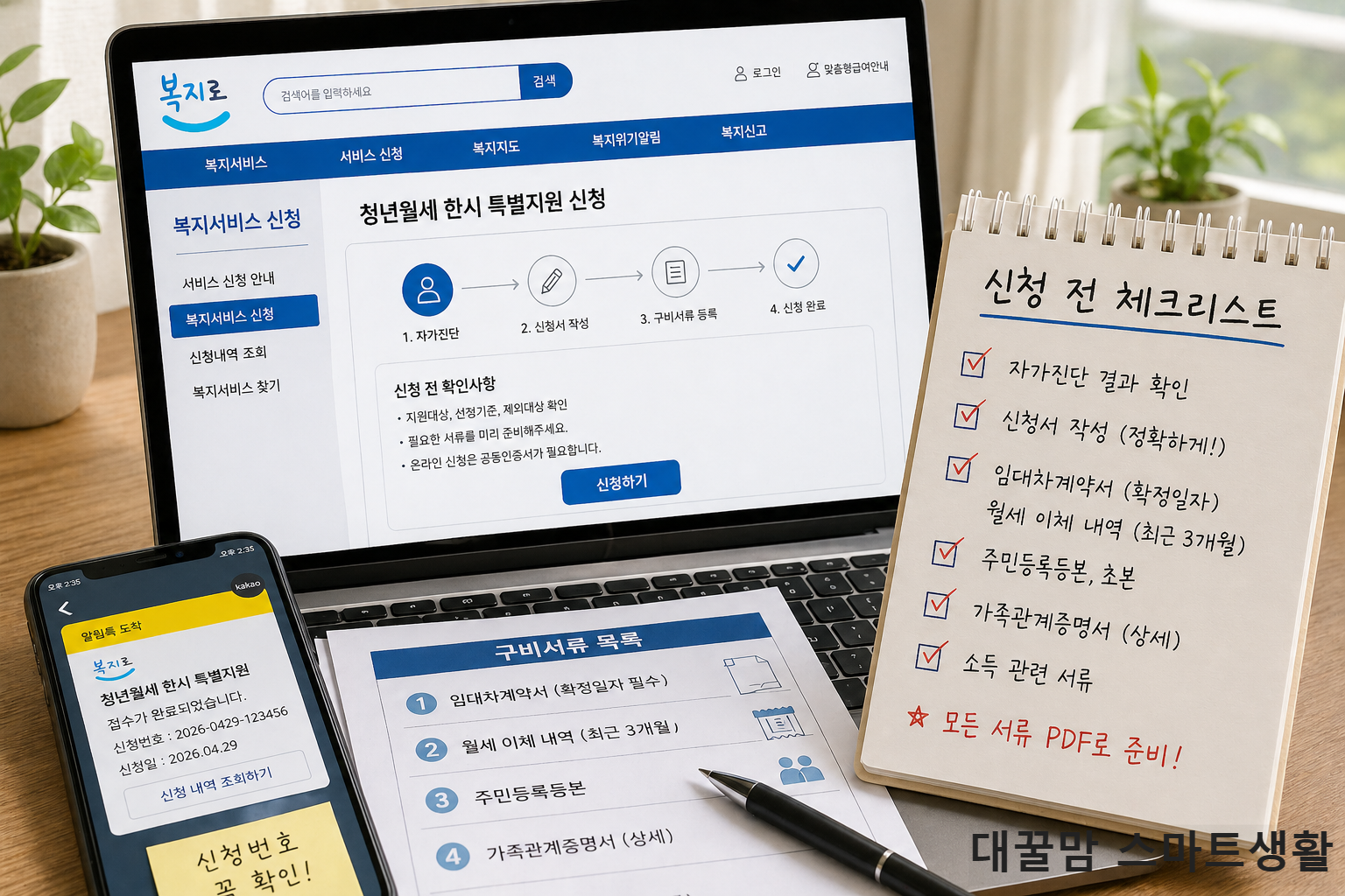 청년지원금 신청 전 체크리스트와 서류 준비를 하며 복지로 정부24 화면을 확인하는 책상 사진
