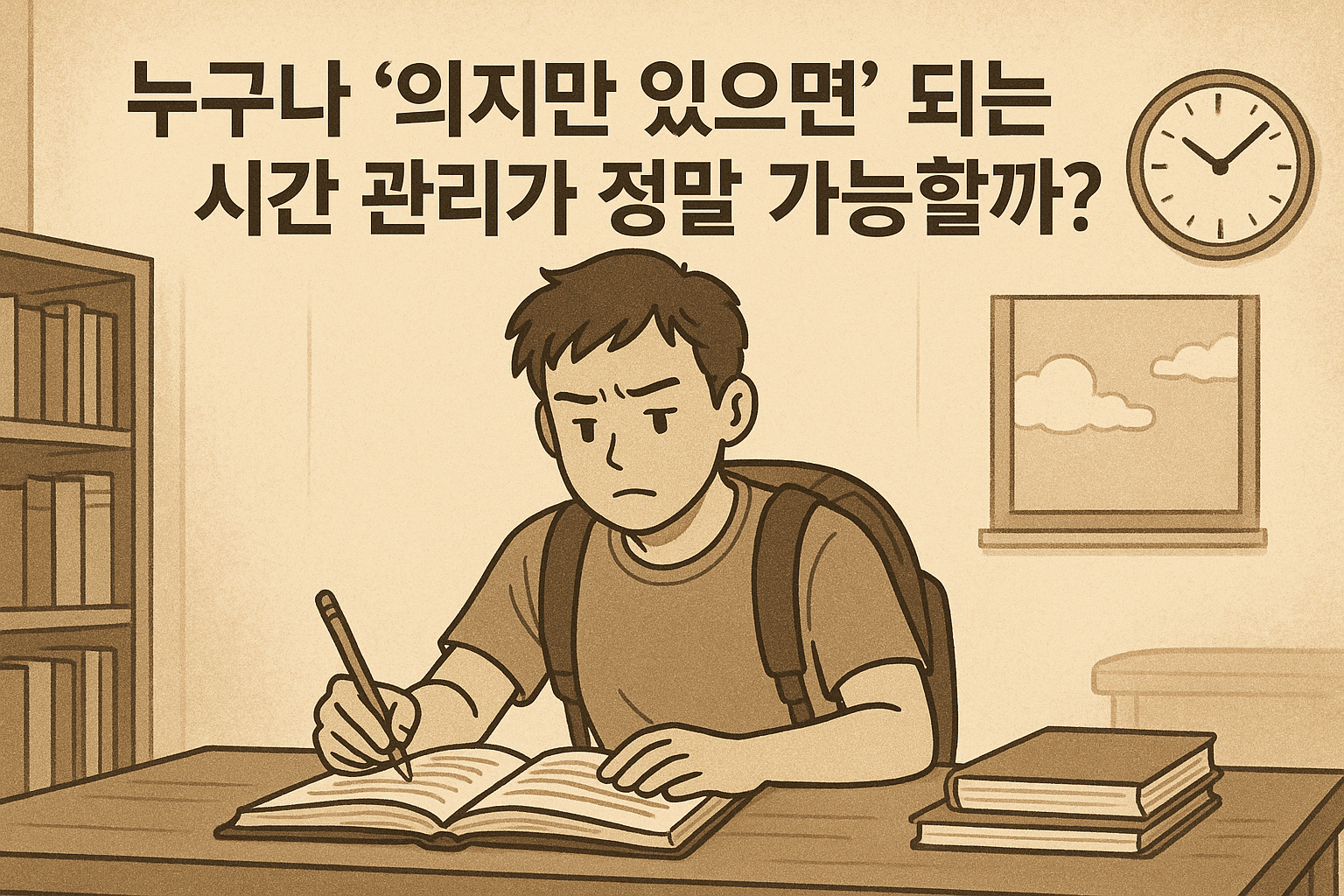 누구나-의지만-있으면-되는-시간-관리가-정말-가능할까-공부하는-대학생-책상-공책-연필-시계-책장-창문-노력-집중-학습-시간관리-의지-대학생활-삽화