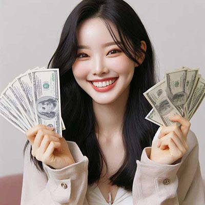 많은 돈을 들고 기뻐하는 여성