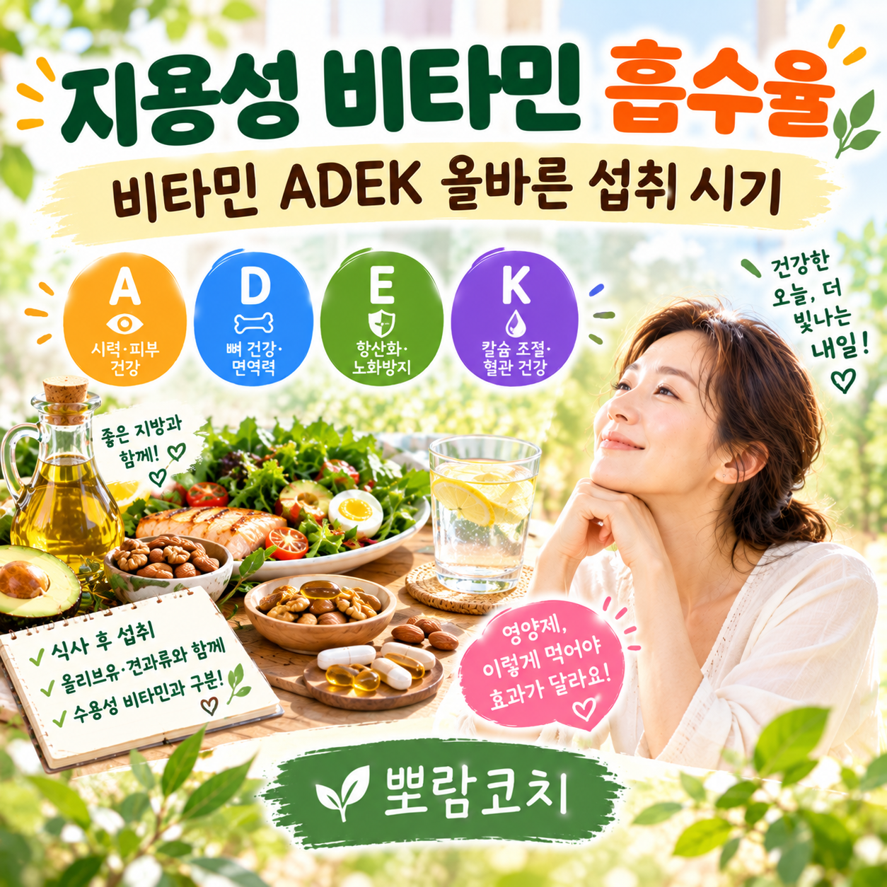 올리브유를 두른 정갈한 식사와 함께 지용성 비타민 영양제를 챙기는 모습