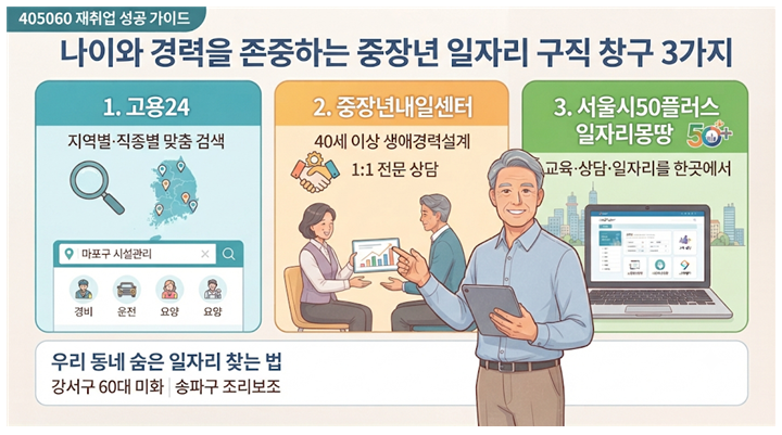 중장년 재취업 가이드와 구직 채용 사이트를 안내하는 인포그래픽