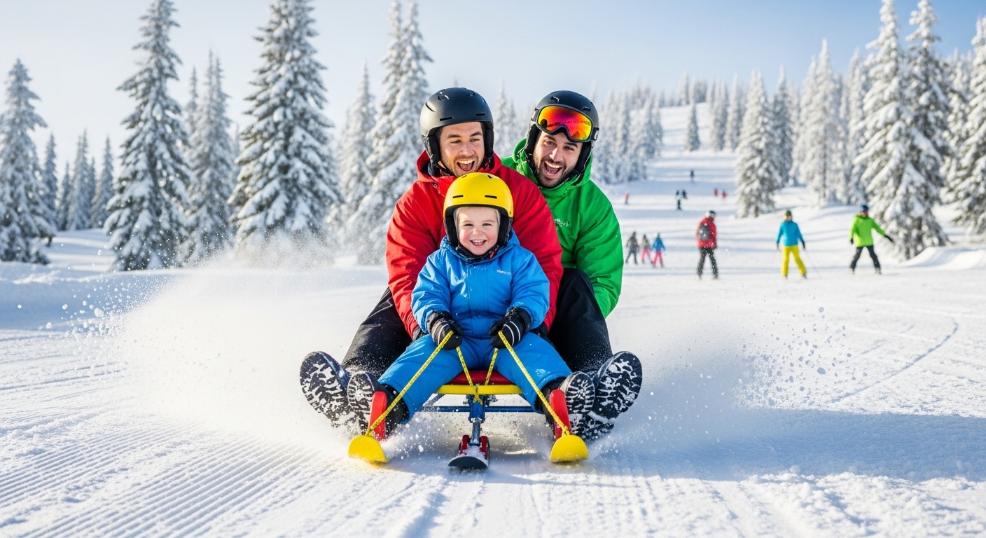 양산 에덴밸리 리조트에서 눈썰매를 즐기는 연인 또는 가족의 활기찬 모습.