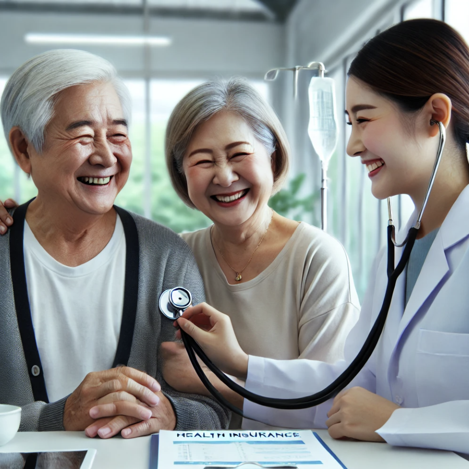 병원에서 건강보험 혜택을 설명받는 노부부.