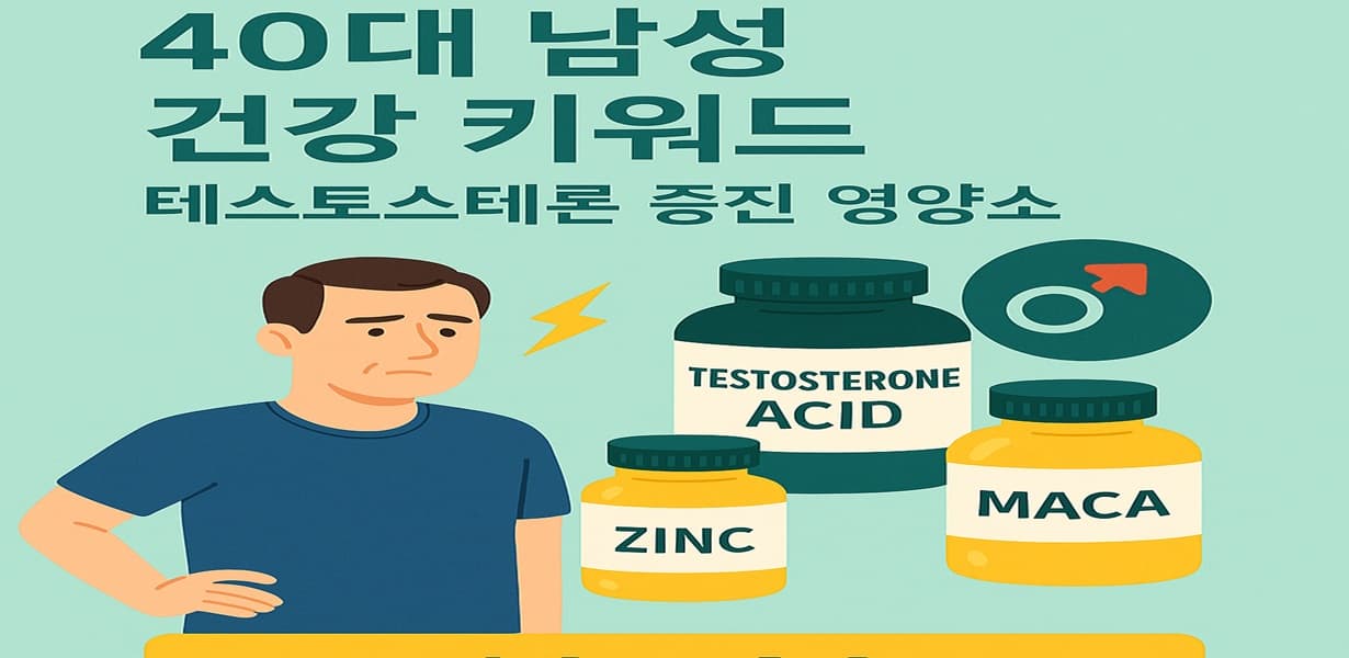 테스토스테론 저하로 고민하는 40대 남성과 관련 영양제(아연, 마카, 테스토스테론)를 소개한 인포그래픽